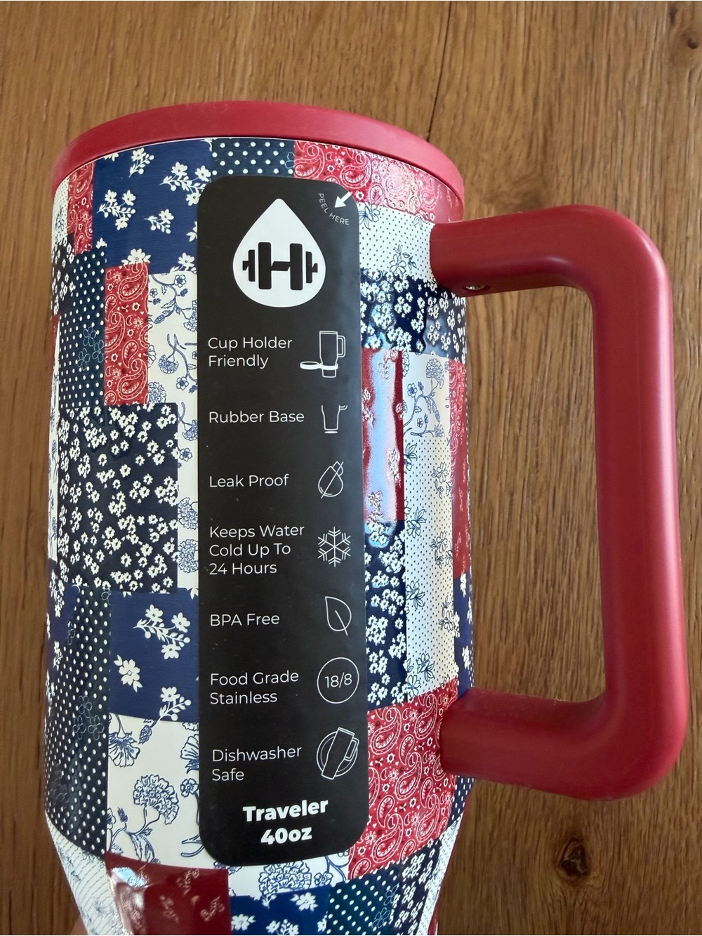 HydroJug Red and Navy Patchwork Insulated Travel Mug